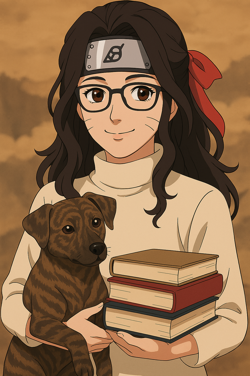 Illustration of McKenna holding books and a puppy